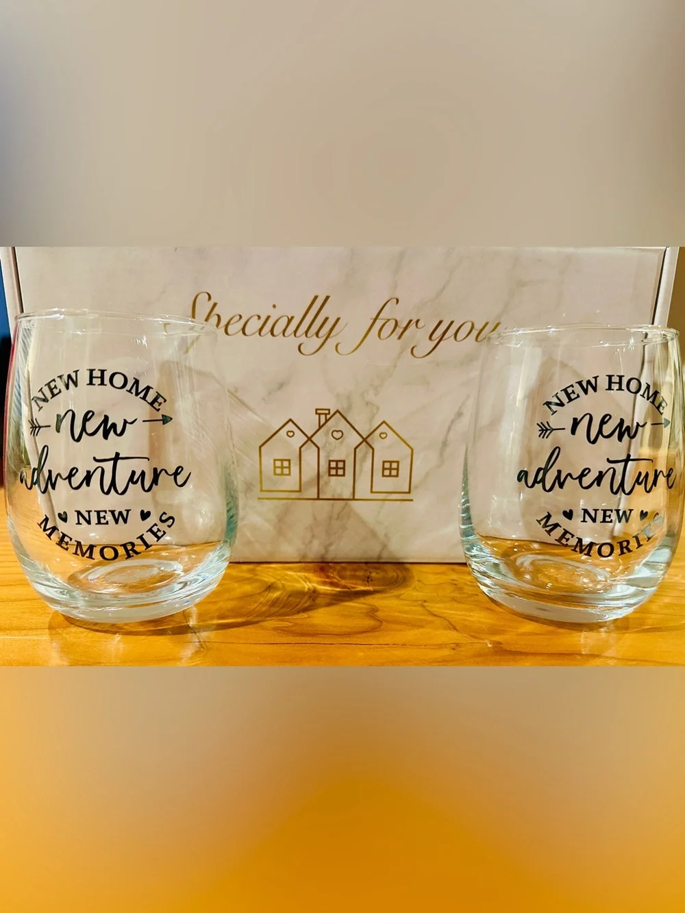 New Home Housewarming Gift 2x Stemless Wine Glasses “Pairs Well” Bottle Bag Box